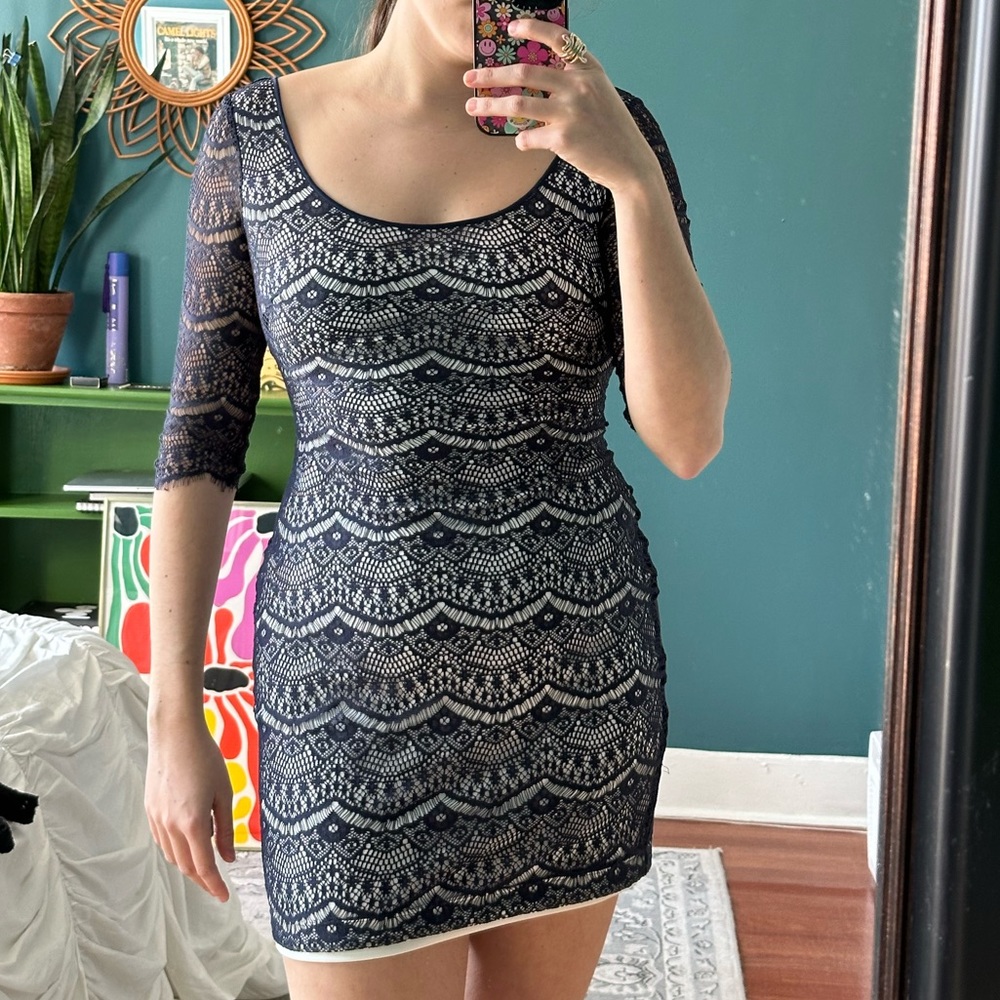 GUESS Navy Blue Lace Overlay Mini Dress